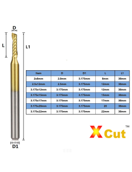 10x Fresa en espiral con recubrimiento de estaño para grabado CNC ø3.175mm